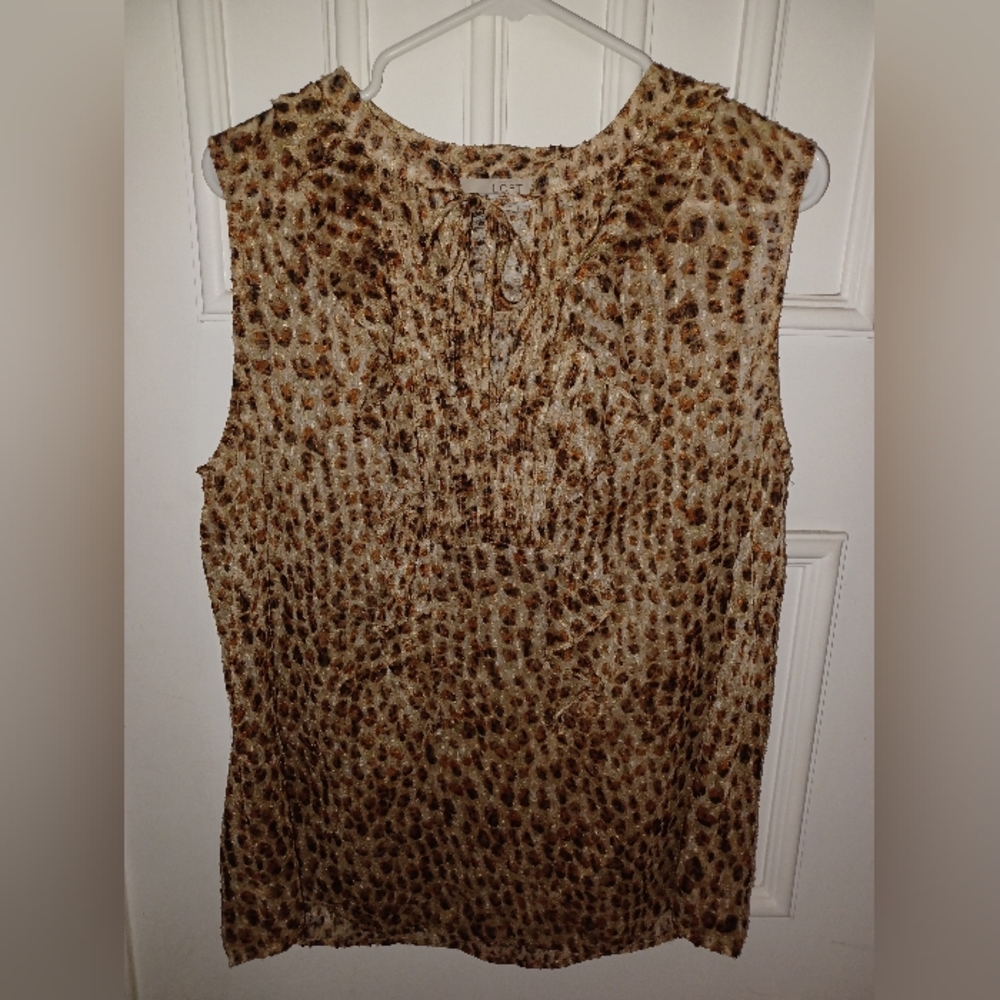 Ann Taylor Loft Top Womens XLarge Brown Animal Print Sleeveless Ruffled Chiffon